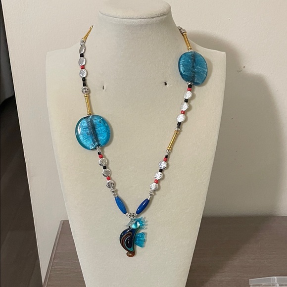 Artisan Blue and Gold Fish Pendant Necklace - Picture 12 of 12